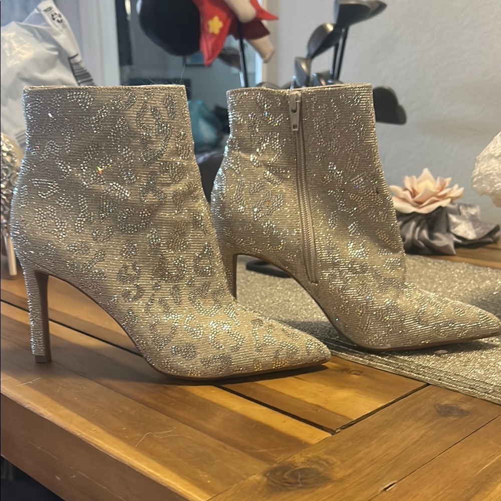 Leopard sparkle Elegant Silver champagne Ankle Boots